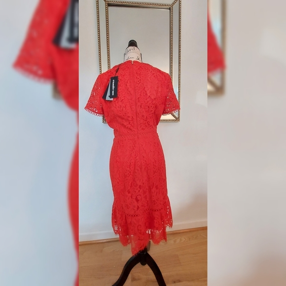Nwt, Karl Lagerfeld Flounce Hem Embroidered Hot Red Party/Spring dress, Size 12 - Picture 3 of 6
